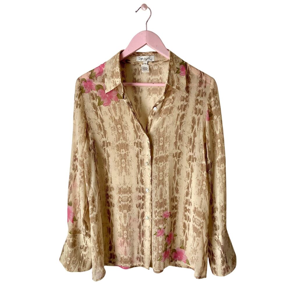 Vintage Spiegel Y2K Sheer Silk Snakeskin & Pink Floral Blouse